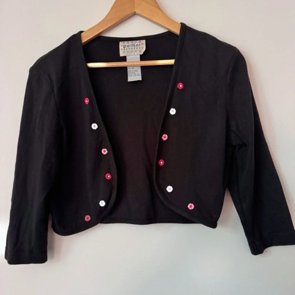 Vintage Y2K Black Cropped Cardigan Womens M Embroidered‎ Floral Whimsy Kidcore